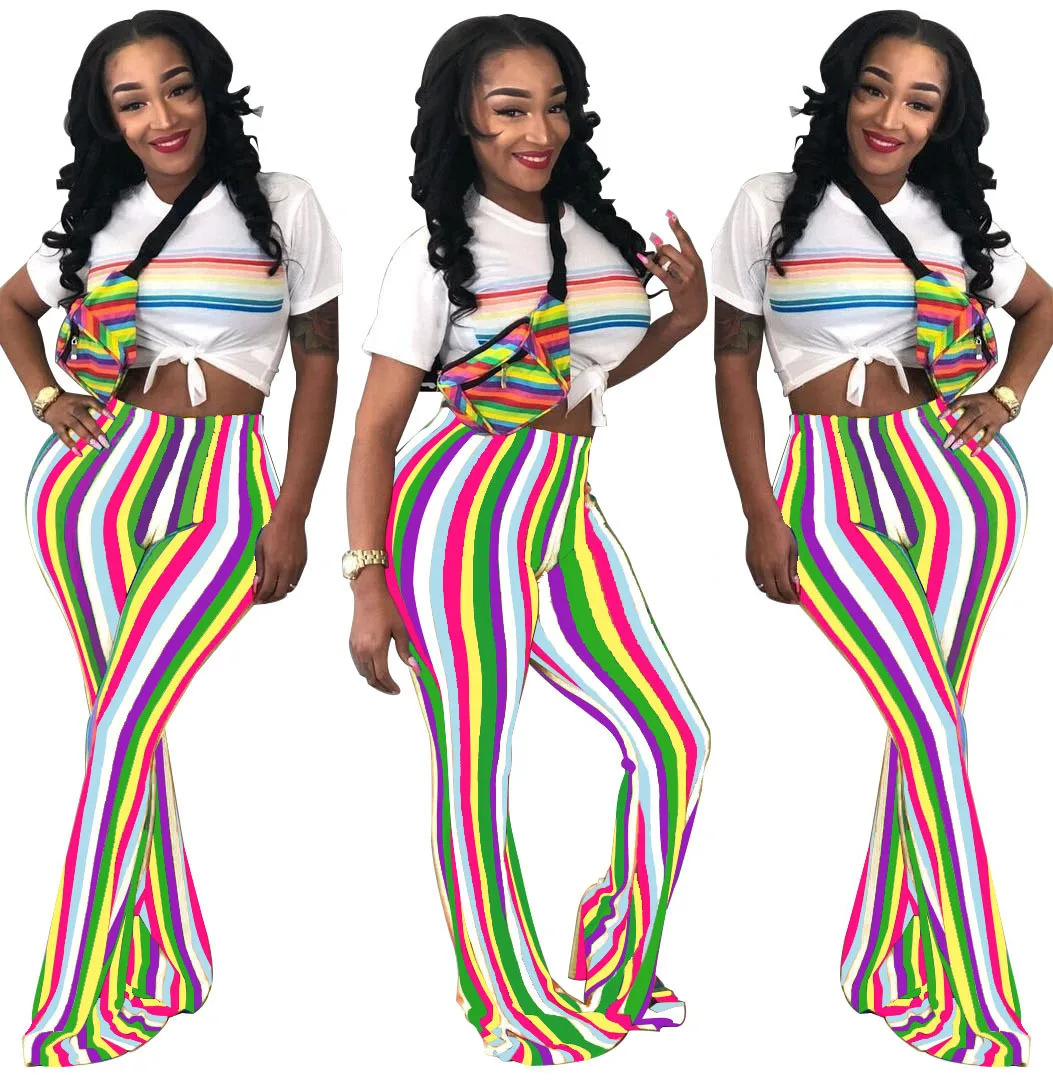 Hot Sale 2018 Fashion Stretch Ladies Bell Bottom Pants Women Trousers Skinny Rainbow Striped Printed Flare Pants Pants
