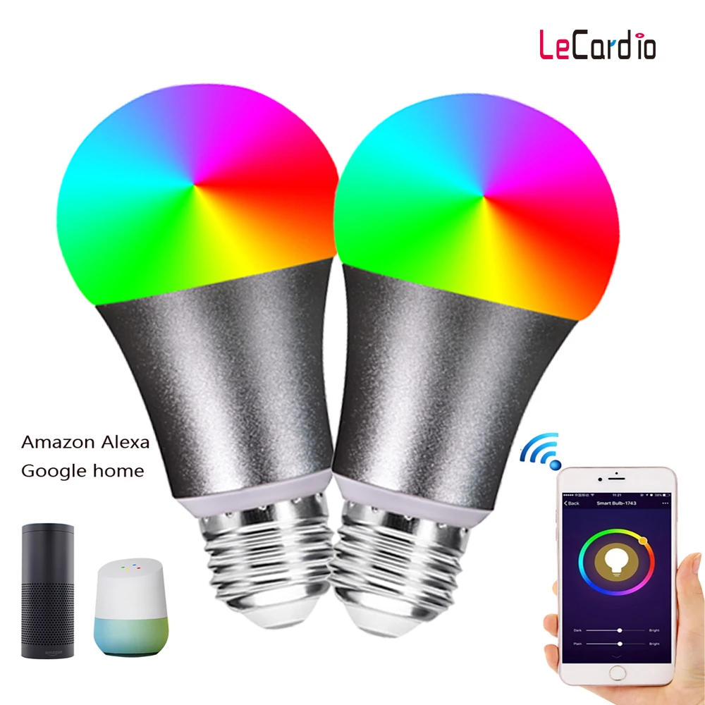 

E27 WiFi Smart Light Bulb RGBW LED Lamp, Dimmable Multicolor Wake-Up Lights Compatible with Alexa & Google Home Assistant 2PCS