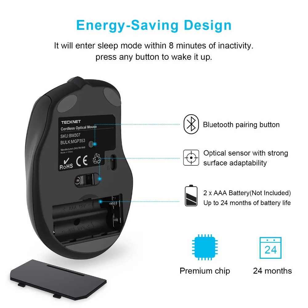 TeckNet Bluetooth Mouse 2600DPI Adjustable Portable Wireless Mouse 24 Months Battery Life Cordless Mice for PC/Tablet/Laptop