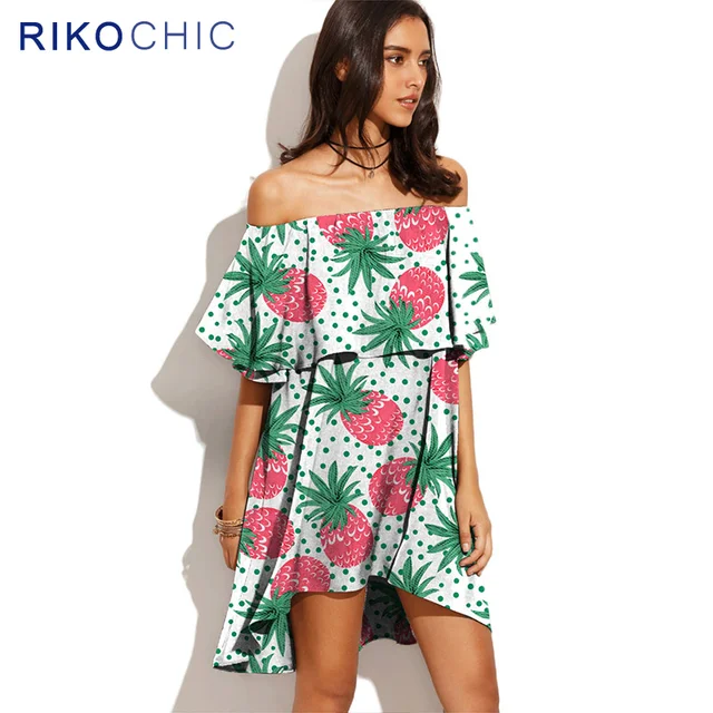 Rikochic 10 Kleur Y Ruches Off Shoulder Jurk Casual Mini Boho Rikochic 10 Kleur Y Ruches Off Shoulder Jurk Casual Mini Boho Strand Leuke Fruit Tropische Print