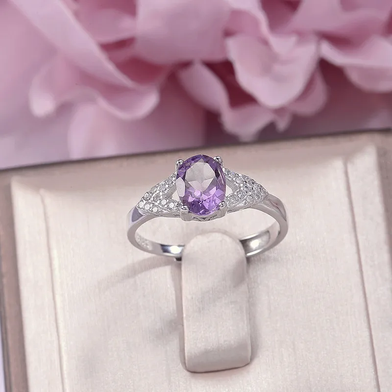 

Rings For Women S925 Silver Fine Jewelry Natural 8*6mm Amethyst Purple Oval Gemstone Adjustable Ring Bridal Wedding Anel R-AM008