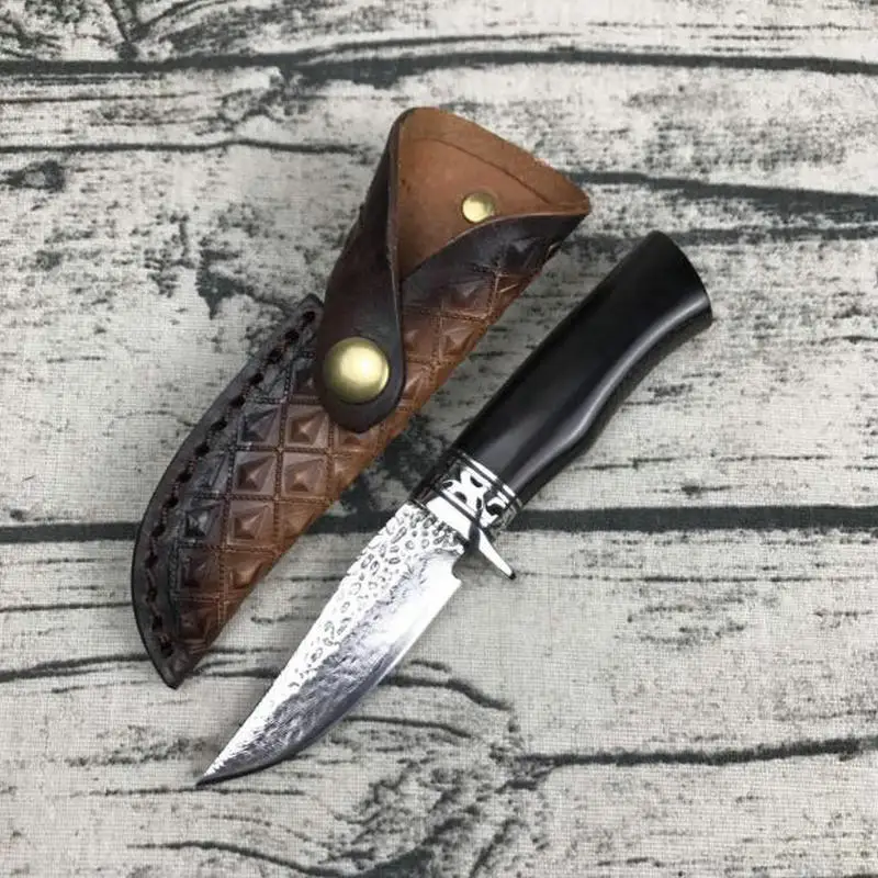 TRSKT Damascus Hunting Knife Survival Camping Knives , 60Hrc Steel + Ebony Handle Rescue Outdoor knife with Leather sheath