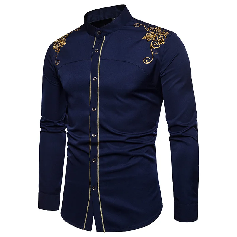 Chemise Homme Весенняя королевская Стильная однотонная рубашка с цветочной вышивкой приталенная Повседневная рубашка с длинным рукавом XXL