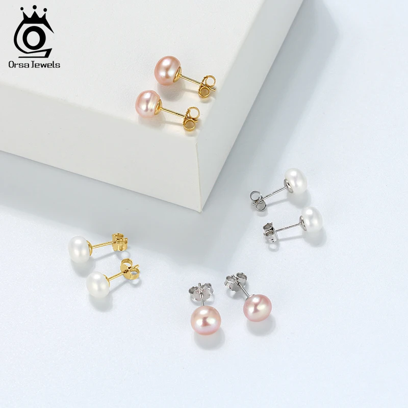 ORSA JEWELS 925 Sterling Silver Pearl Earrings 8mm White Pink Purple Round Freshwater Pearl Women Earrings Gold Jewelry OSE86 - Image 2