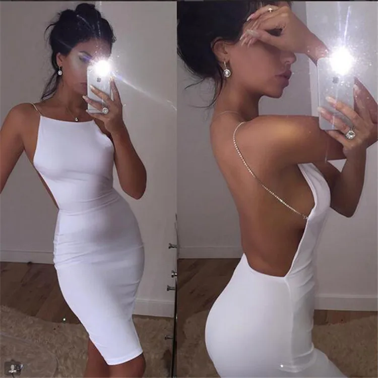 Wholesale 2017 sexy dress 2 color solid black white summer dresses slash neck sequin chain knee length bodycon backless dress Buy Cheap 2017 sexy dress 2 color solid black white summer dresses slash neck sequin chain knee length bodycon backless dress