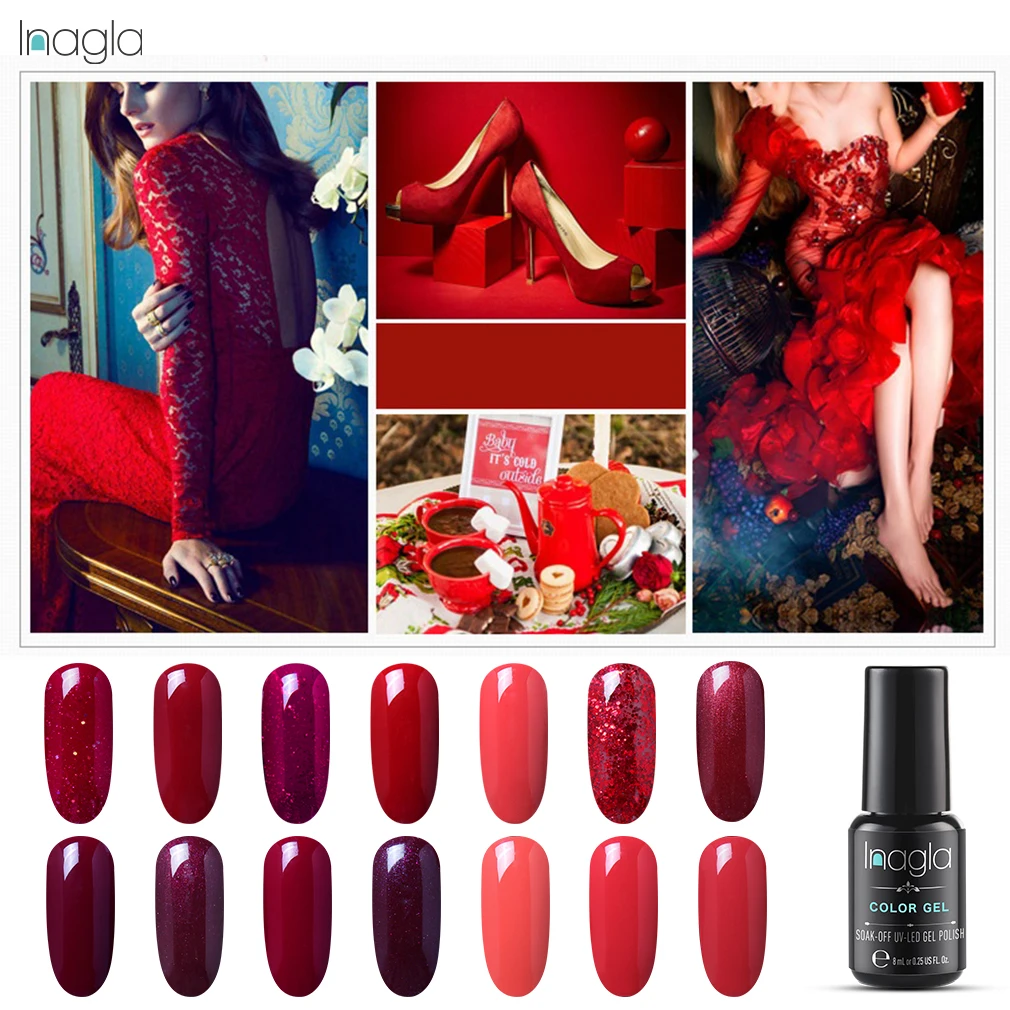 

Inagla Red Lucky Colors Nail Makeup Nail Art Gel 8ML Pure Color UV LED Gel Nail Polish Long-lasting Top Base Needed Gel Lacquer