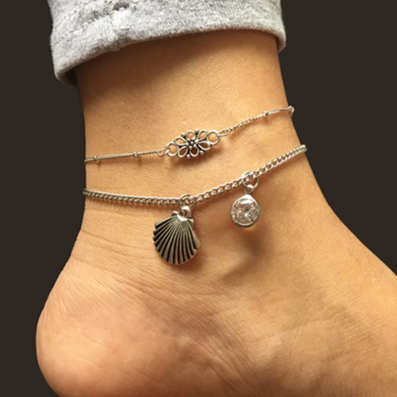 Qevila Fashion Bohemian Footwear Punk Style Silver color Chains Ankle Vintage Shell flower Zircon Multi-lay Bracelet Leg Jewelry (2)