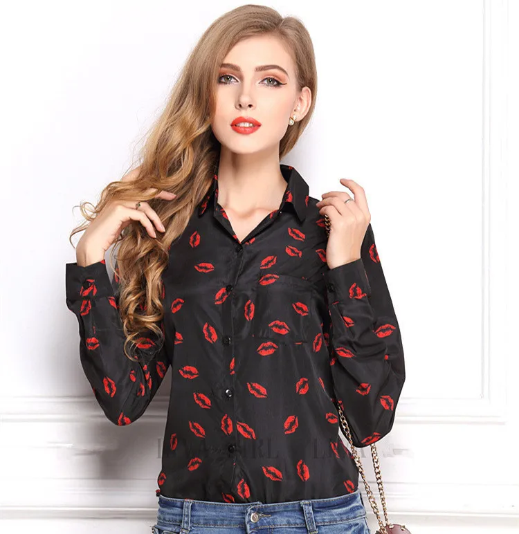 Lady Sexy Red Lip Blouse Kiss Print Long Sleeve Blouse Button Shirt Top