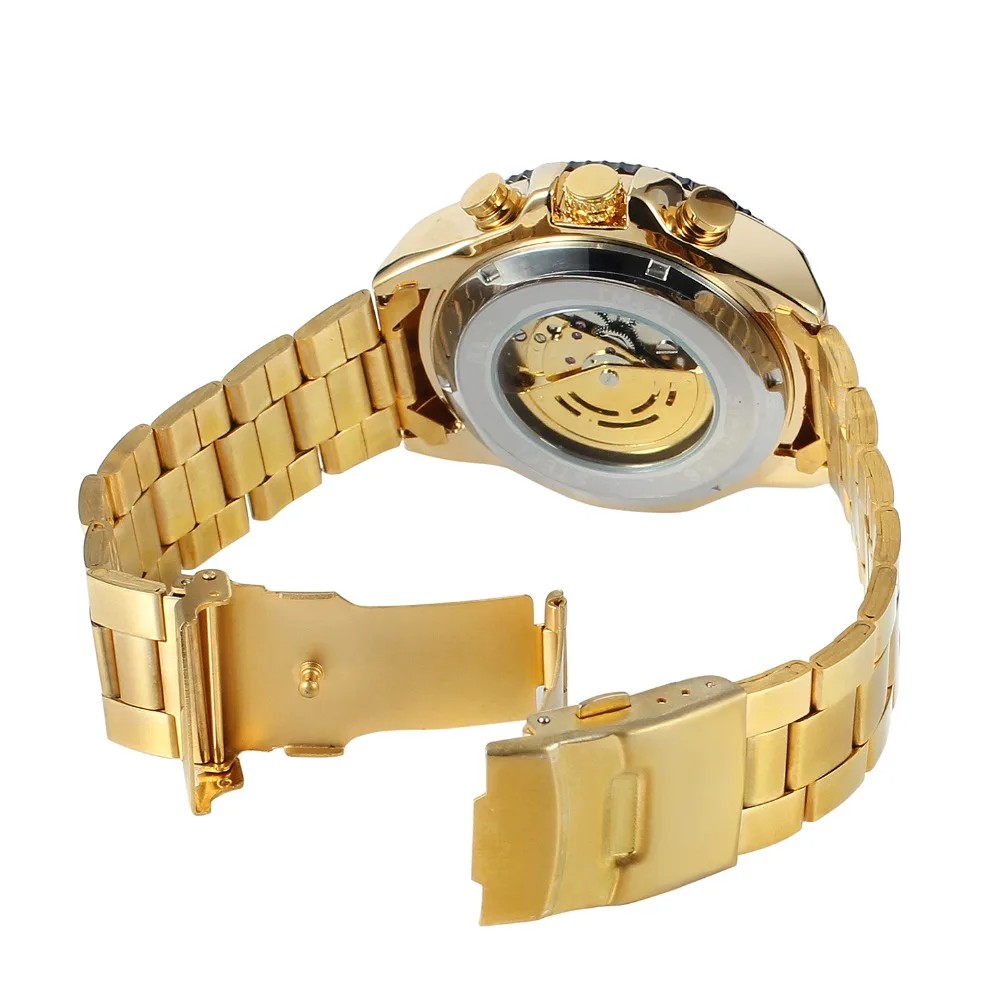 Top Brand Luxury Gold WINNER Men Watch Cool Mechanical Automatic Wristwatch Stainless Steel Band Male Clock Skeleton Roman Dial Mechanical Watch