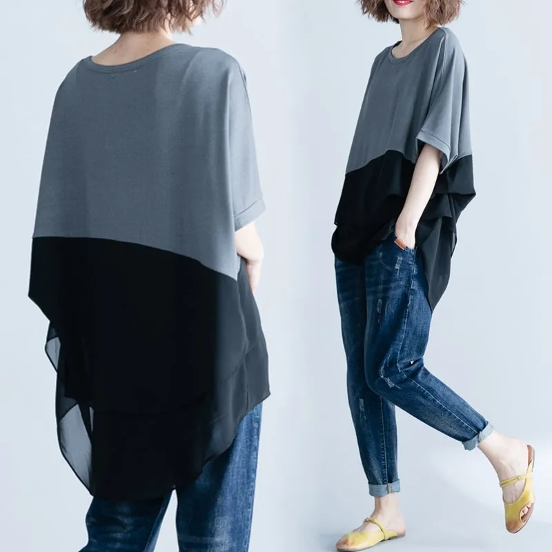 

2019 Women T-Shirt Summer Plus Size Chiffon Patchwork Elegant Oversized Irregular Basic Tops Female Casual Loose Tee Shirts X632