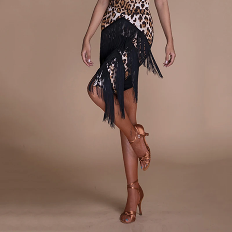 

Fashion Women Latin Dance Skirt Leopard Print Fringe Skirts For Btango Cha Cha Samba Rumba Ballroom Practice Performance DC1318