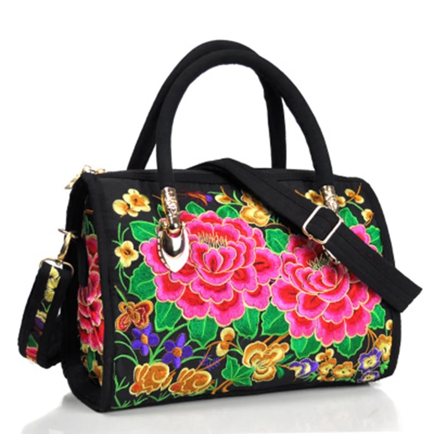 

Retro ethnic embroidery flower portable slung dual-use drum bag canvas embroidery flower cloth bag travel shoulder portable hand