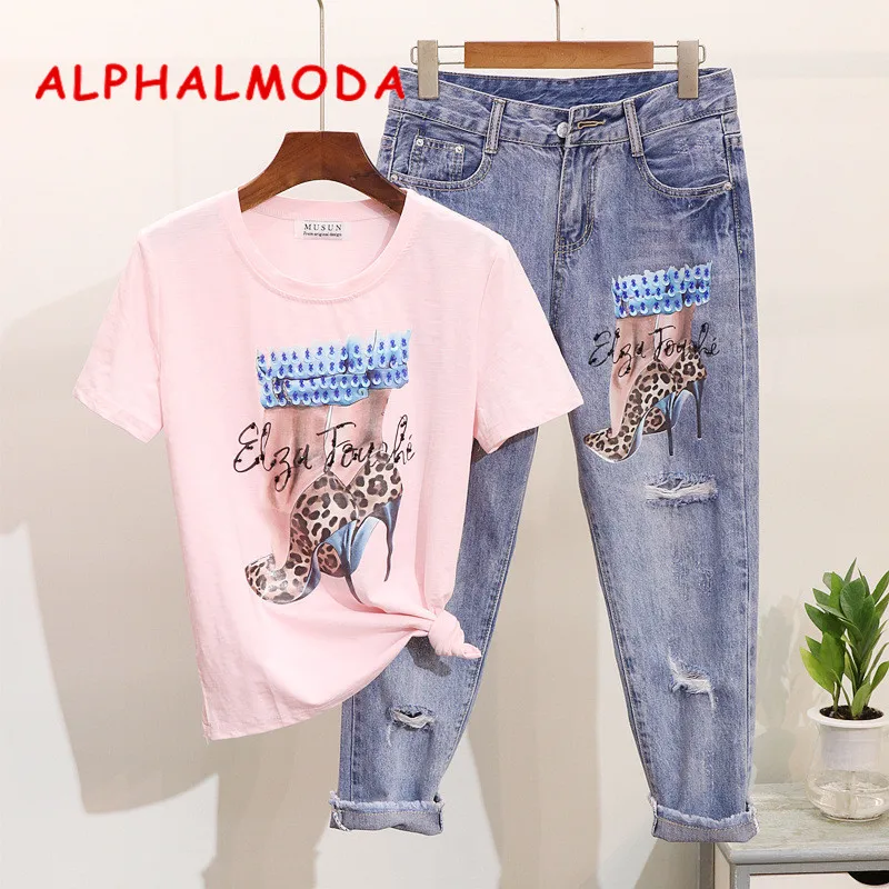 Женская футболка с блестками ALPHALMODA на высоких каблуках короткими рукавами и