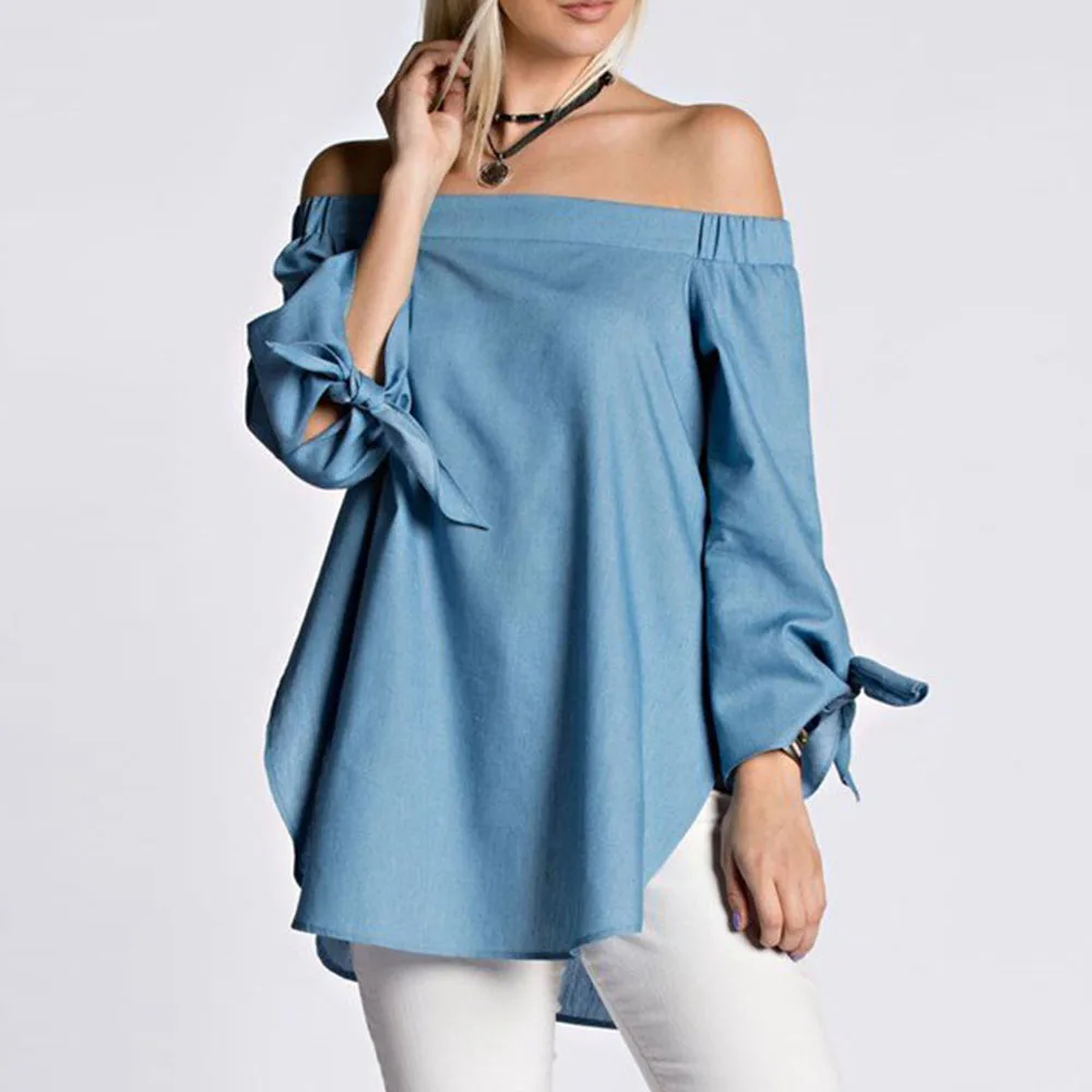 Preself New Casual Women Off Shoulder Tencel Cotton Blouse Bow Long
