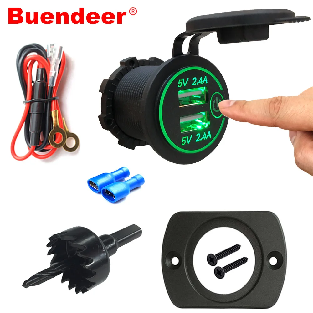 

Buendeer 5V/4.8A Dual USB Charger Socket Adapter with Touch Switch Green Led Panel Mount 10A Fuse Cable for Motorcycle RV Truck
