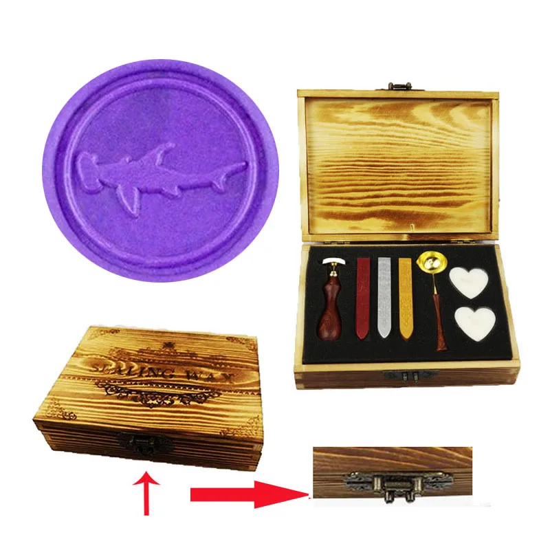 1 wood box Акула воск печать штамп набор Винтаж Классический воск комплект печатей для карт конверты приглашения вино пакеты - Color: 1 wood box