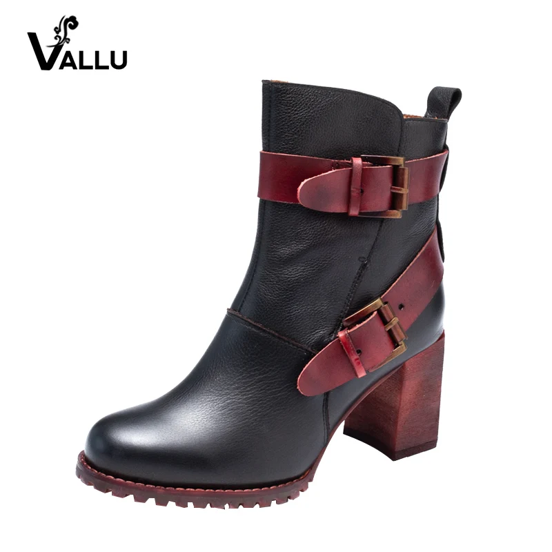 

2018 Autumn New Arrival Shoes Women Boots High Heels Mid Calf Buckle Zipper Handmade Genuine Leather Women Boots Plus Size