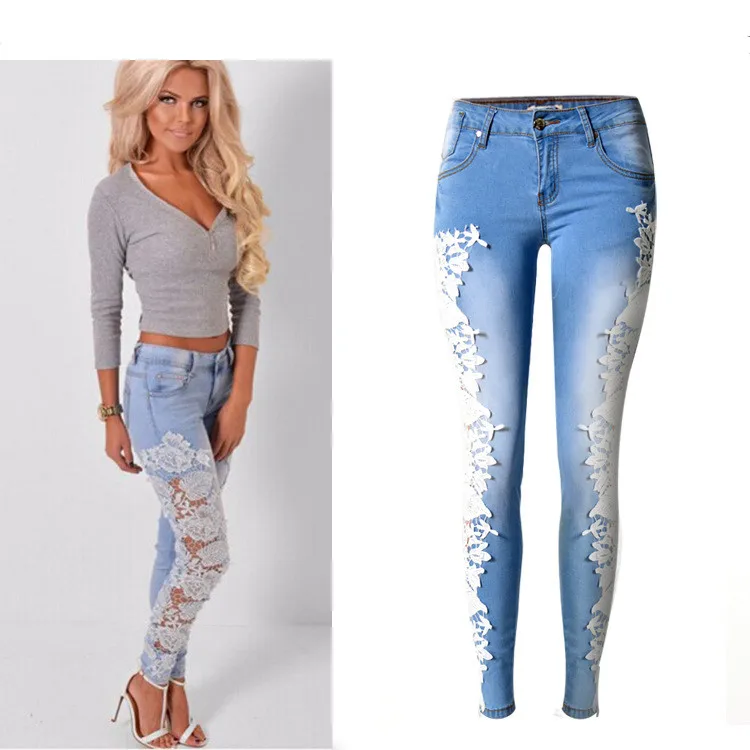 

Women Fashion Jeans Denim Skinny Hollow Out Lace Stitching Mid-Waist Tights Sky Blue Pants Stretchable Full Length Sexy jeans