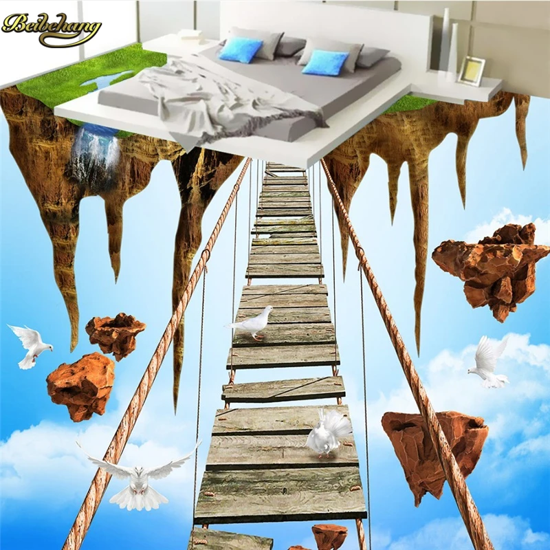 Beibehang personalizado foto 3D piso pintura papel pintado 3D cielo vacío isla aventura cuerda puente piso papel de parede