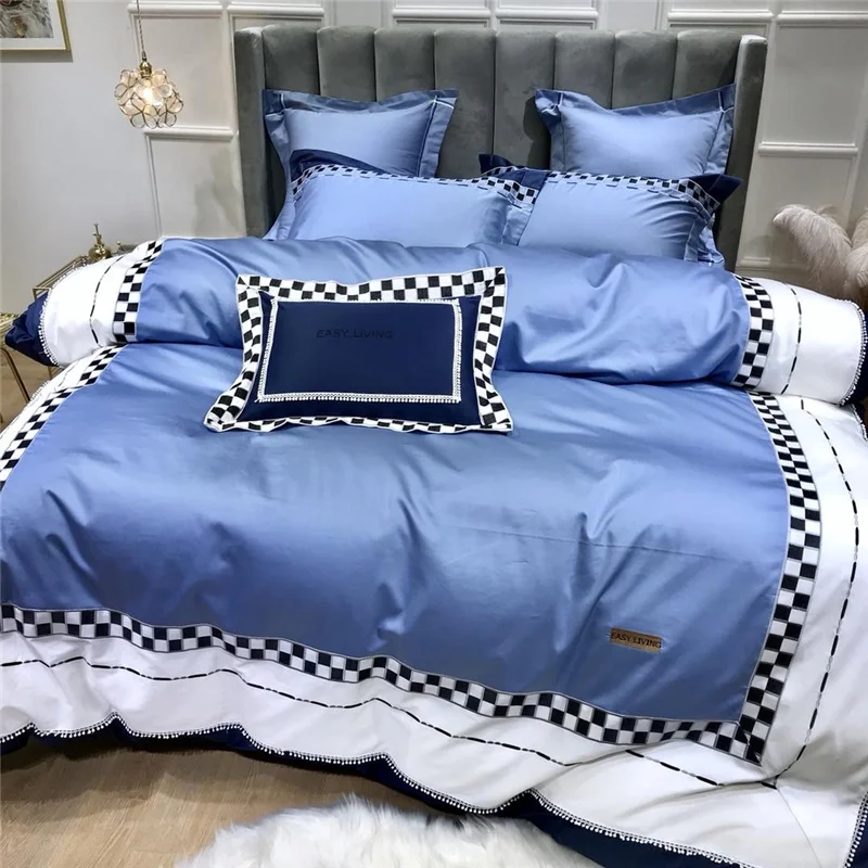 Luxury Egypt Cotton White And Black Check Bedding Set Embroidery