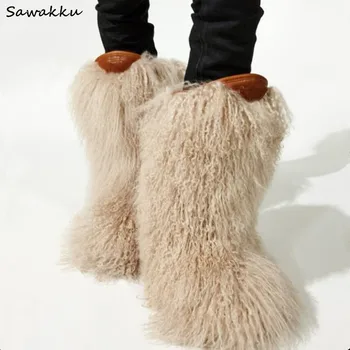 

Winter New Women Snow Boots White Black Fur Hairy Knee High Botas Mujer Unique Runway Style Warm Flats Cute Shoes Woman