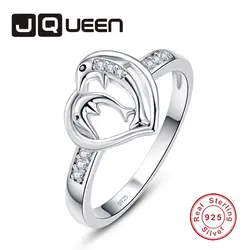 JQUEEN S925 стерлингов Серебряные кольца сердце двойной Дельфин Micro проложить Кристалл палец кольца для Для женщин Свадебные украшения