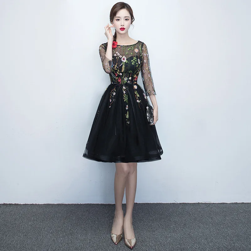 FOLOBE модное летнее платье женское элегантное платье с рукавом 3/4 из тюля с цветочной вышивкой черное винтажное платье - Цвет: knee length