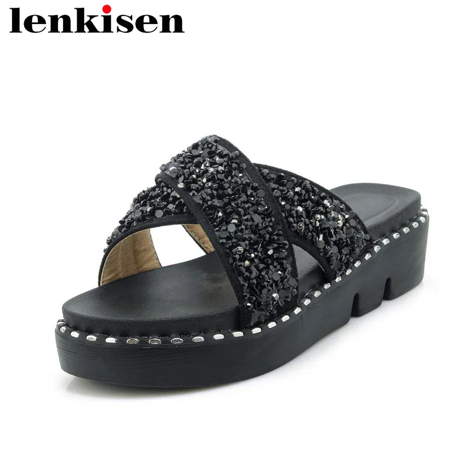 

Lenkisen pu big size peep toe med heel slingback summer rivet mules slip on bling outside simple style women concise sandals L31