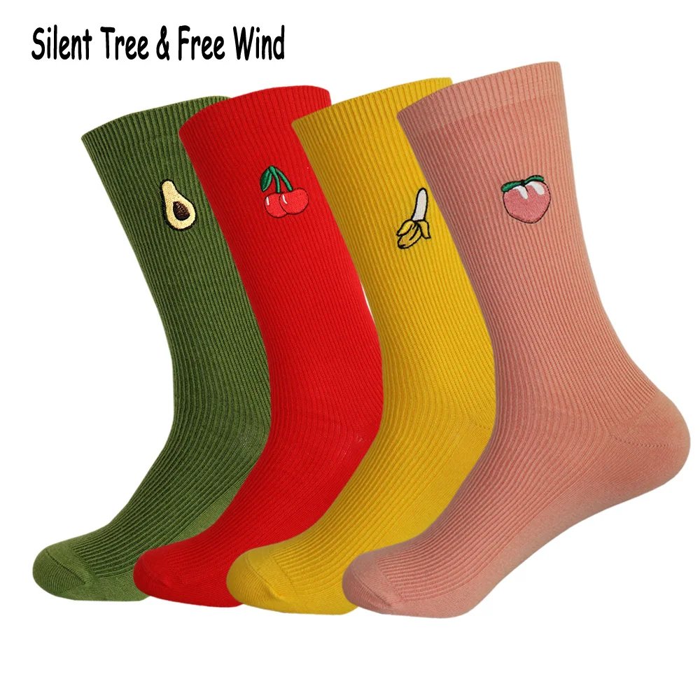 Men Creative Peaches Cherry Banana Avocado Embroidery Knee Socks Hosiery Women Ladies Colorful