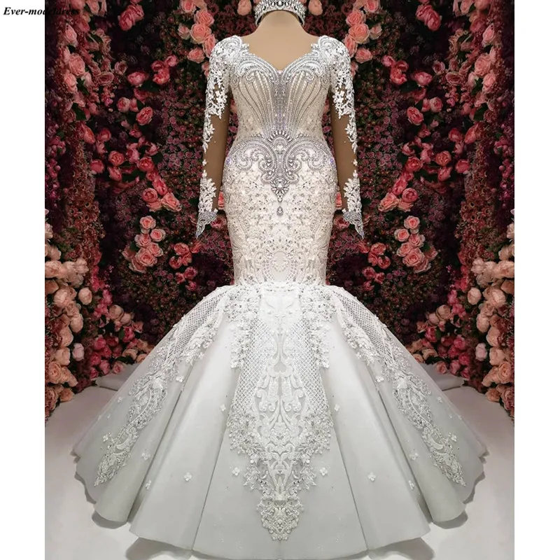 Gorgeous Long Sleeves Mermaid Wedding Dresses V Neck Lace Appliques