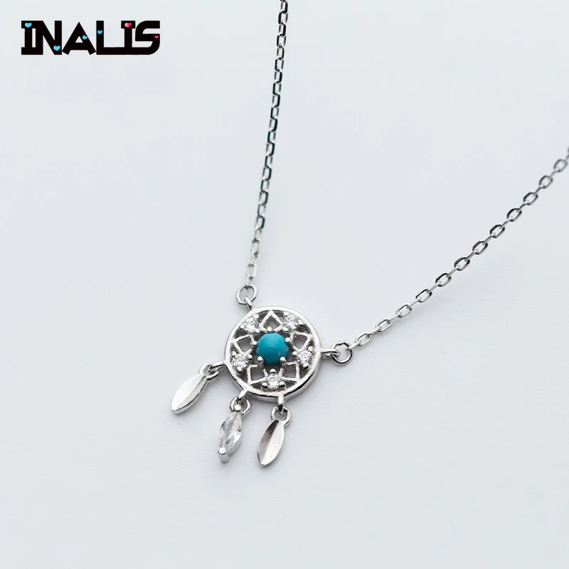 

INALIS New Korea Design Charming Necklace 925 Sterling Silver Dreamcatcher Pendant with Single Turquoise CZ Crystal Fine Jewelry