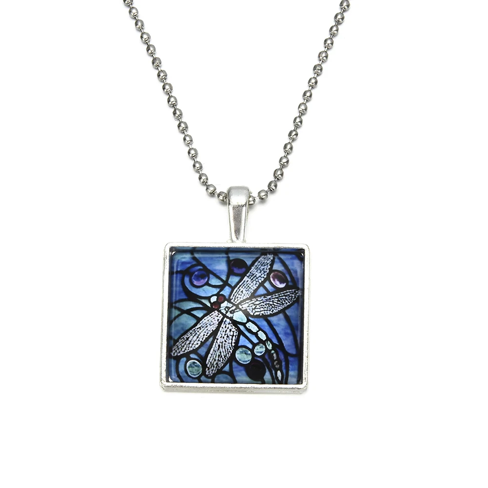 

Women Mystical BLUE DRAGONFLY Insect Spring Garden Glass Tile Pendant Necklace Jewelry