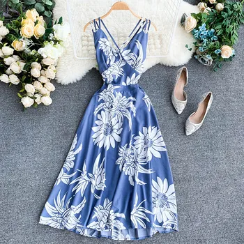 

Sexy Backless Dress 2019 New Summer V-collar Chiffon Print High Waist Slim Beach Holiday Women Elegant Vestidos H022