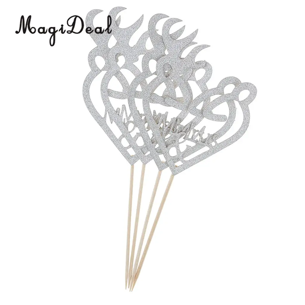 MagiDeal 4Pcs Glitter Antler Style Mr & Mrs Cake Topper Wedding Party Food Picks for Gender Reveal Party Baby Shower Gold/Silver