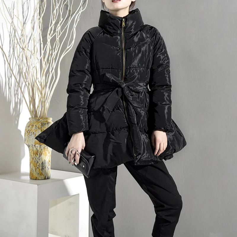 [EAM] Новинка, осенне-зимняя куртка со стоячим воротником, с длинным рукавом, черная, с бандажным бантом, свободная, теплая, с хлопковой подкладкой, Женское пальто, модное, WC691