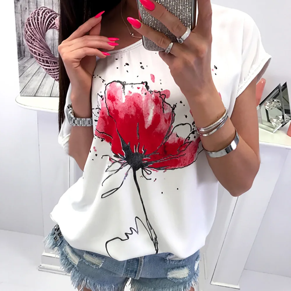 

Fashion Women Casual Floral Print Blouse Fashion Female Short Sleeve Loose Shirt Tee O-Neck Modis Blouses roupas feminina *50
