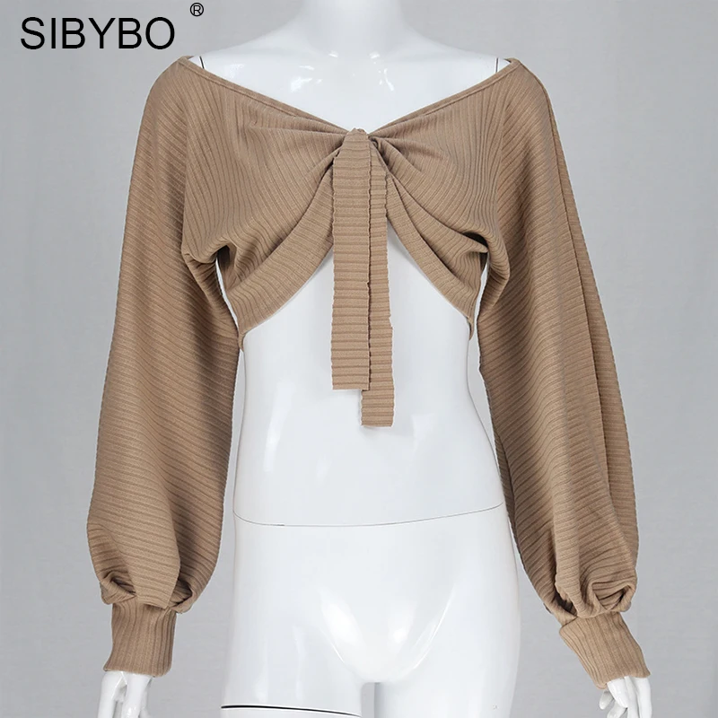 Sibybo Фонари рукавом Свободные укороченный топ Для женщин уличная v образным