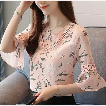 

2019 floral print chiffon blouse women shirt flare sleeve summer tops hollow women blouses office shirts pink blusas chemisier