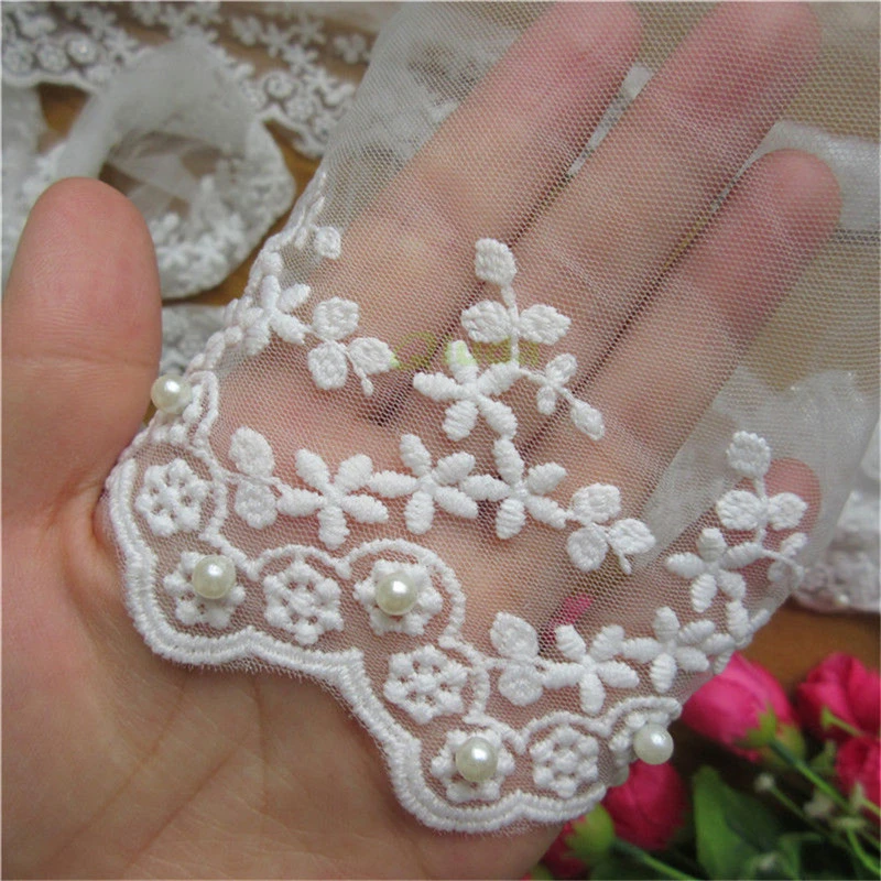 1 yd Embroidered Cotton Pearl Net Floral Lace Edge Trim Wedding Ribbon Applique 