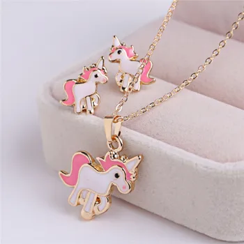 

Hot Sale Pink Animal Jewelry Set Chain Kids Jewelry Cartoon Horse Unicorn Necklace Earring Jewelry Sets For Girls Best Gifts
