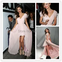 Новое поступление на заказ Сексуальные Плиссированные Вечерние Роскошные платья Миранда Кер hi low шифон V образным вырезом кепки рукава Выпускные платья