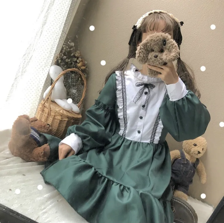 Женские платья в винтажном стиле Kawaii Ulzzang Цвет блок милое платье с длинными