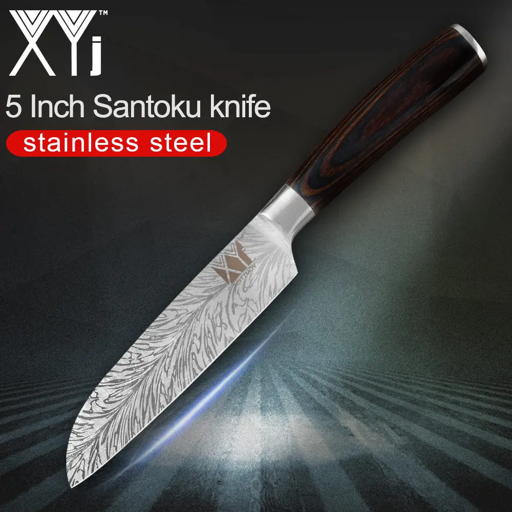 XYj нож из нержавеющей стали с красивым узором 7cr17, лезвие из нержавеющей стали, цветные кухонные ножи с деревянной ручкой, набор ножей из 8 предметов - Цвет: 5 inch Santoku Knife