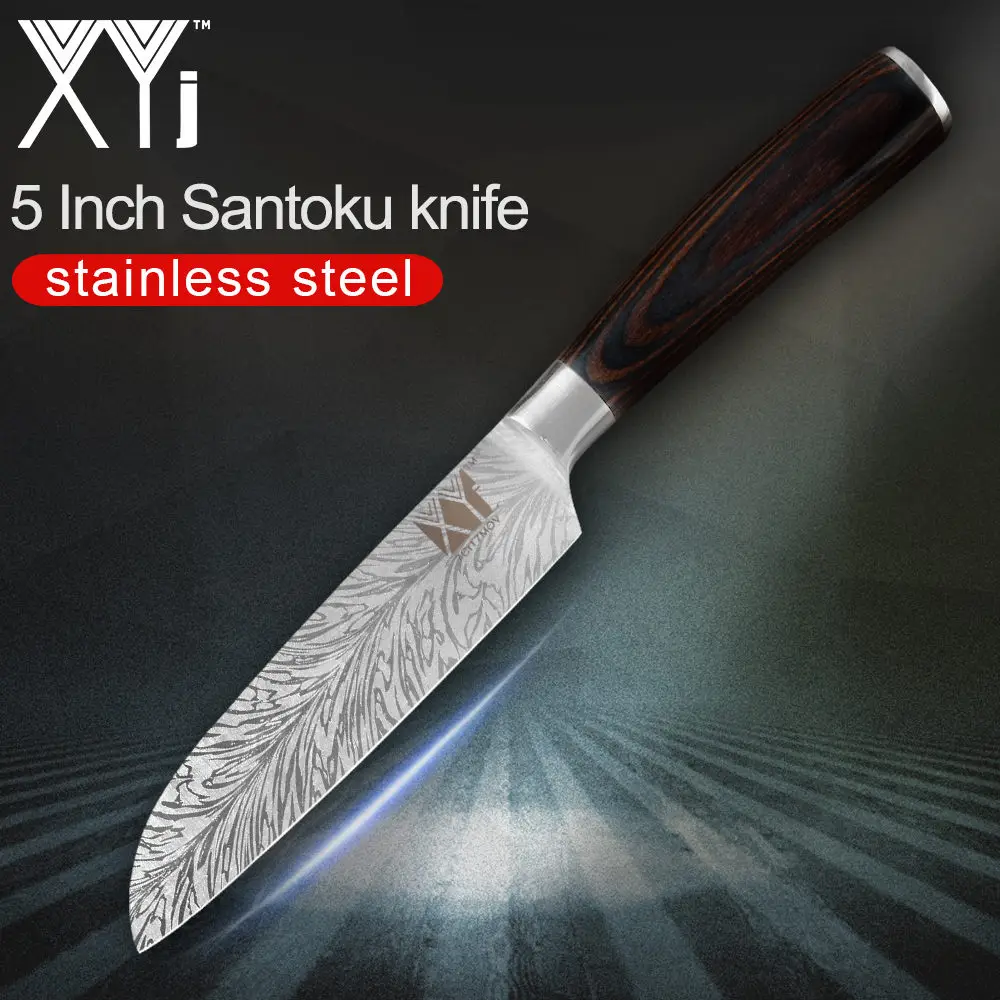5 inch Santoku Knife XYj нож из нержавеющей стали с красивым узором 7cr17, лезвие из нержавеющей стали, цветные кухонные ножи с деревянной ручкой, набор ножей из 8 предметов - Цвет: 5 inch Santoku Knife