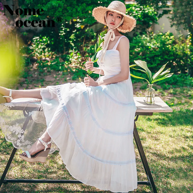 

Women Sexy Dress White Hollow Boho Lace Maxi Dress Holiday Chic Summer Female Dresses Lace-up Detail Long Dress M19021703