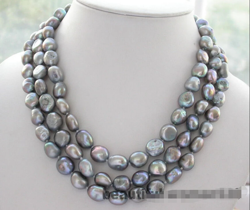 

FREE SHIPPING Z3312 3row 13mm gray baroque freshwater pearl necklace 925SC