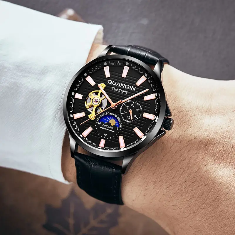 GUANQIN 2019 New Watch men Automatic Mechanical clock Luminous waterproof leather rose gold skeleton business Men Wrist watches images - 6