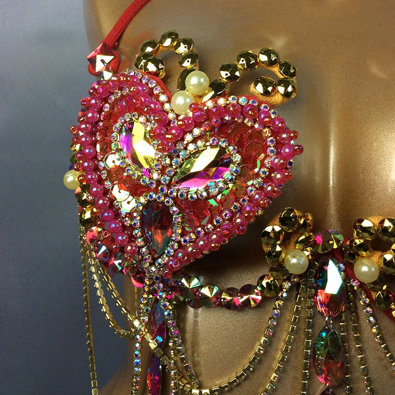 Samba Carnival Bra Rainbow Pink & RED Stone Belly dancing WIRE BRA FREE SHIPPING BB024