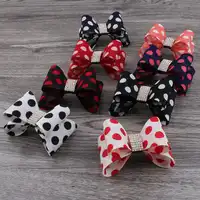30ピース/ロット3.2 "8色新生児リュクスドット花弓+ラインストーンボタン手作りハードサテン弓子供のため女の子ヘアアクセサリー