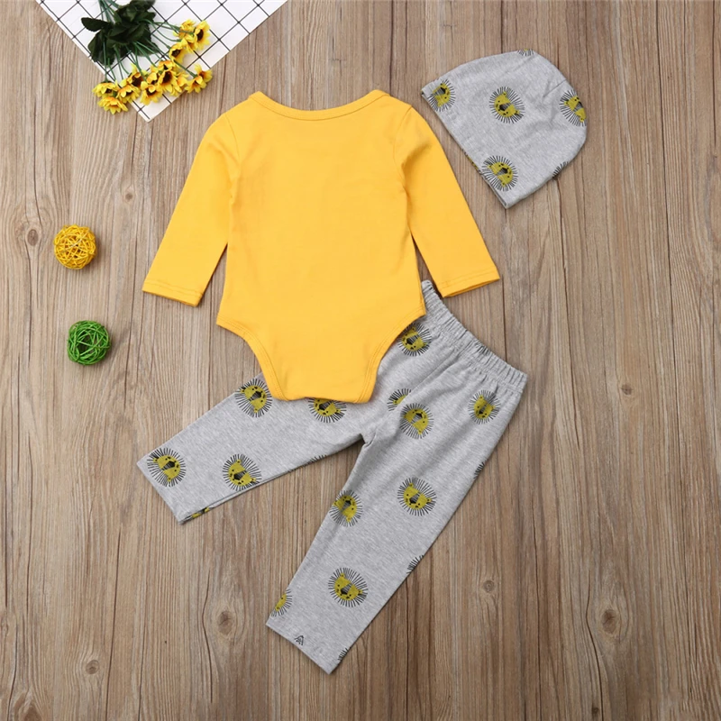 3PCS Toddler Kids Baby Boy Clothes O Neck Long Sleeve Romper Elastic Lion Print Pants Hat Fashion Casual Outfits